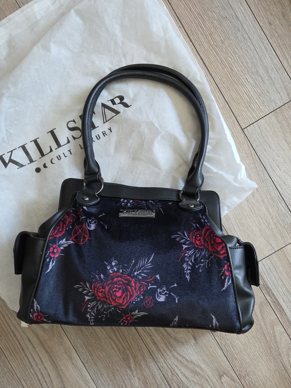 Killstar Rosalia Black Satchel with Red Rose Print Purse